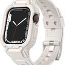 Compatible for Apple Watch 9 Band with Case 45mm, Shockproof Soft TPU Sport Wrist Strap with Protective Bumper Cover for iWatch SE Series 9 8 7 6 5 4 3 2 1 (45mm/44mm/42mm, Starlight)