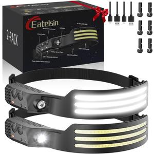 Headlamp Rechargeable 2PCS, Motion Sensor 230 COB Head Lamp, Headlights for Forehead, Hard hat Light for Adults, LED Headband Flashlight for Work, Hiking, Running, Camping Essentials Gear (2 Pack - New Upgrade III Tri-Led Strip, Black)