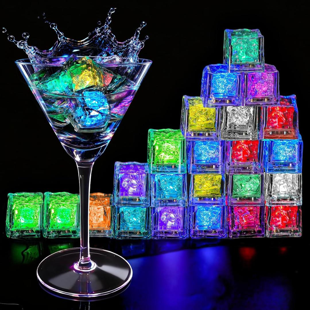 Light Up Ice Cubes, 32 Pack Multi Color Led Ice Cubes for Drinks IP67 Waterproof Reusable Glowing Flashing Changing Lights Water Activated Drink Lights for Cocktails Christmas Party Bar Wedding