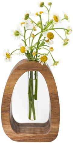 Solid Wood Frame Glass Test Tube Vase Desk Hydroponic Plant, Enhances Home and Office Environment, Small Size (Small)