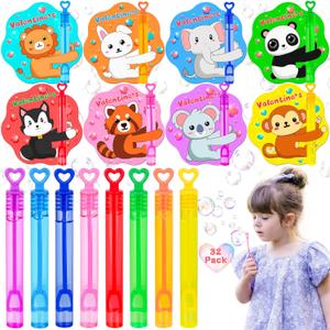 NAWITDA 30 Pack Valentines Day Gifts for Kids Mini Bubble Wands with Animal Valentine Cards, Classroom Exchange Favors School Party Prizes for Class Boys Girls, Pack Of 2