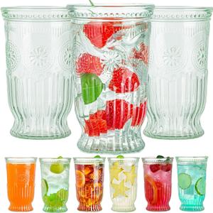 Vintage Drinking Glasses, 3 pcs Embossed Designed Highball Glasses, 16oz Glass Cups, Tall Water Glass Tumbler, Mojito Cup, Cocktail Glass, Vintage Glassware Set for Juice, Cocktail, Whiskey
