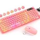 Pink Light Up Keyboard and Mouse Wireless, Cute 2.4Ghz Cordless Rechargeable Transparent Clear Backlit Keyboard, 15 Backlight Effects, Volume Knob, RGB Mouse with 3 DPI for Mac Computer PC Laptop Desktop