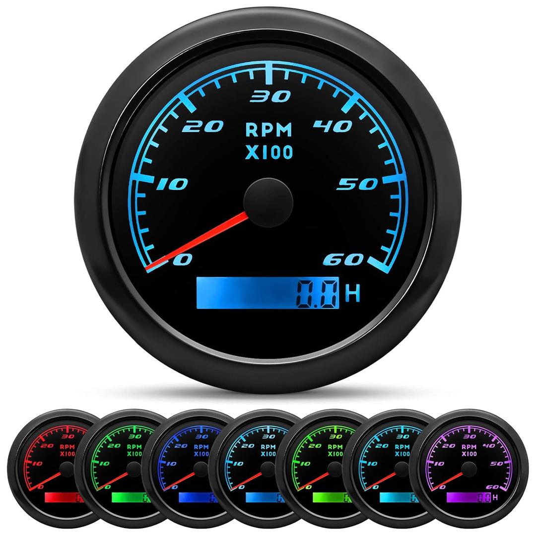 Tachometer Gauge 7 Color 0-6000 RPM Tacho Meter 85mm 3 3/8" for Auto Boat Marine Vehicle for 1-10 Cylinder Diesel and Gasoline EngineBlack