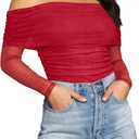 SAUNGKUAI Women's Off The Shoulder Long Sleeve Bodysuit Sexy Slimming Body Suit Tops Sheer Mesh Ruched Fall Outfits 2026 M