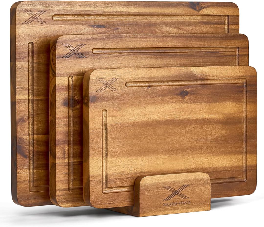 Acacia Wood Cutting Board Set of 3 (16 x 12/14 x 10/12 x 8), Natural - 0.8 in Extra Thick Wooden Chopping Boards with Deep Juice Grooves - Non-Slip, Non-Toxic & Durable Boards for Meat & Vegetables