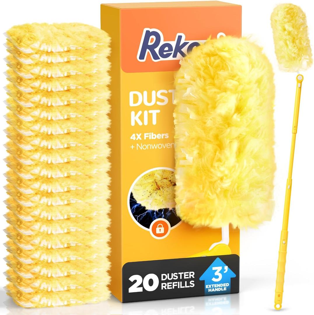 Heavy Duty Duster Refill Kit for Swiffer Duster with 3 ft Extension Pole & 20 Count Refills, 4X Microfibers Multisurface Dusters for Cleaning Home, Celling Fan, Blinds, Vent & Shelves (Yellow)