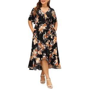 Keluummi Plus Size Summer Wedding Guest Maxi Dress for Curvy Women, V Neck 3/4 Sleeve Empire Waist A Line Floral Long Dress (Black, L)