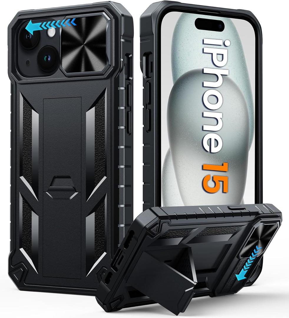 FNTCASE for iPhone 15 Protective Phone-Case: for iPhone 14/13 Military Grade Dropproof Phone Cover with Kickstand & Slide | Heavy Duty Rugged Phonecase Bumper Textured (Black)