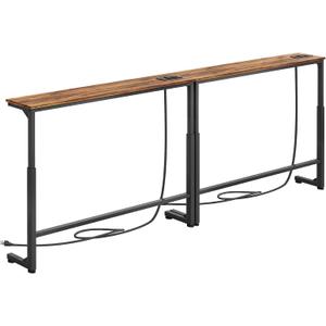 Kitstorack 2-Pack Narrow Console Table with Adjustable Height (25"-33") & 2 Power Outlets, Skinny Behind Couch Table, 78.8" Long x 5.9" Wide Sofa Side Table for Living Room, Rustic Brown, 5.99"deep