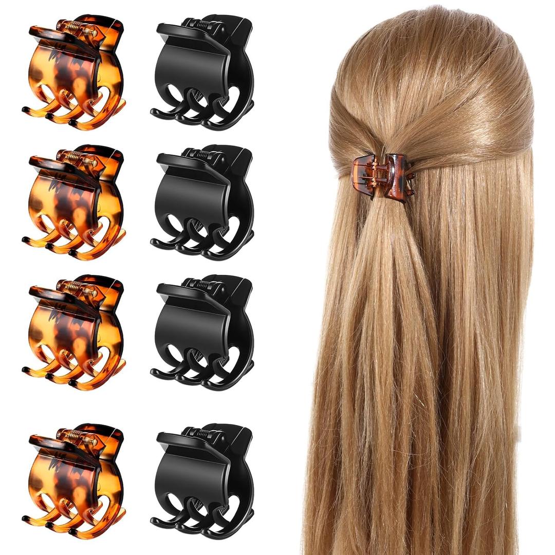 8Pcs Hair Clips Medium, 1.37 Inch Medium Claw Clips for Women Double Row Teeth No-Slip Grip Jaw Clip Plastic Jaw Clamps for Thin Fine Hair, Black Amber