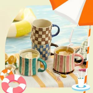 Retro Checkered Ceramic Coffee Mug 16Oz - Extra Large Handle, Microwave Safe Vintage Patterned Tea Cup for Home-4pack, Standard