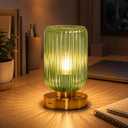 LightRound Cordless Table Lamp for Bedroom, 7500mAh Rechargeable Battery Operated Lamp, Modern Touch Dimmable Wireless Lamp Gold Base Green Glass Shade for Living Room, Desk, Led Bulb Included