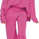Pink Queen Women's 2 Piece Lounge Set Button Pullover Knit Top Long Wide Leg Pants Sweatsuit Sweater Set Rose Red M