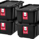 IRIS USA 27 Gallon Heavy Duty Truck Bed Toolbox Storage Tote Bins with Lids, 4 Pack - Made in USA, Tough Snap On Lockable Lid Stackable Industrial Tubs, Garage Organization Reusable Box - Black