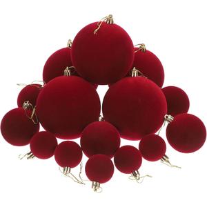 Ornaments - Velvet Flocked Decoration Balls 15 Pcs Shatterproof Red Deep Maroon Tree Hanging Decor Set, 4 6 10 cm Romantic Party Gift for Her