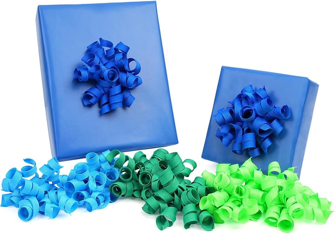 LaRibbon Blue and Green Bows - Curly Ribbon Gift Bows, Self Adhesive for Birthday Party, Gift Wrapping, Treat Bags - 8 Counts