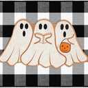 Nuanchu 2 Pcs Halloween Door Mat Combo Set Ghost Coir Non Slip Welcome Mat 28" x 43" Black and White Buffalo Plaid Rug for Halloween Front Porch Entryway Decor