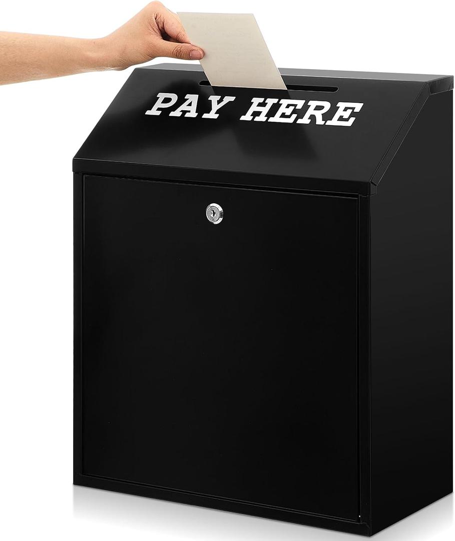 Yaocom Safe Metal Cash Box for Farm Stand Money Drop and Secure Donation Collection, Wall Mount Lockable Unit with Pre Drilled Holes for Outdoor Self Serve(Black,18 x 15 x 7 Inch)