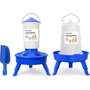 Chick Feeder and Waterer Set with 3 Adjustable Height, Scoop, 0.4Gal Top Fill Chick Feeder and 0.4Gal Waterer Anti-Drown for Raising Chicks in Brooder Blue