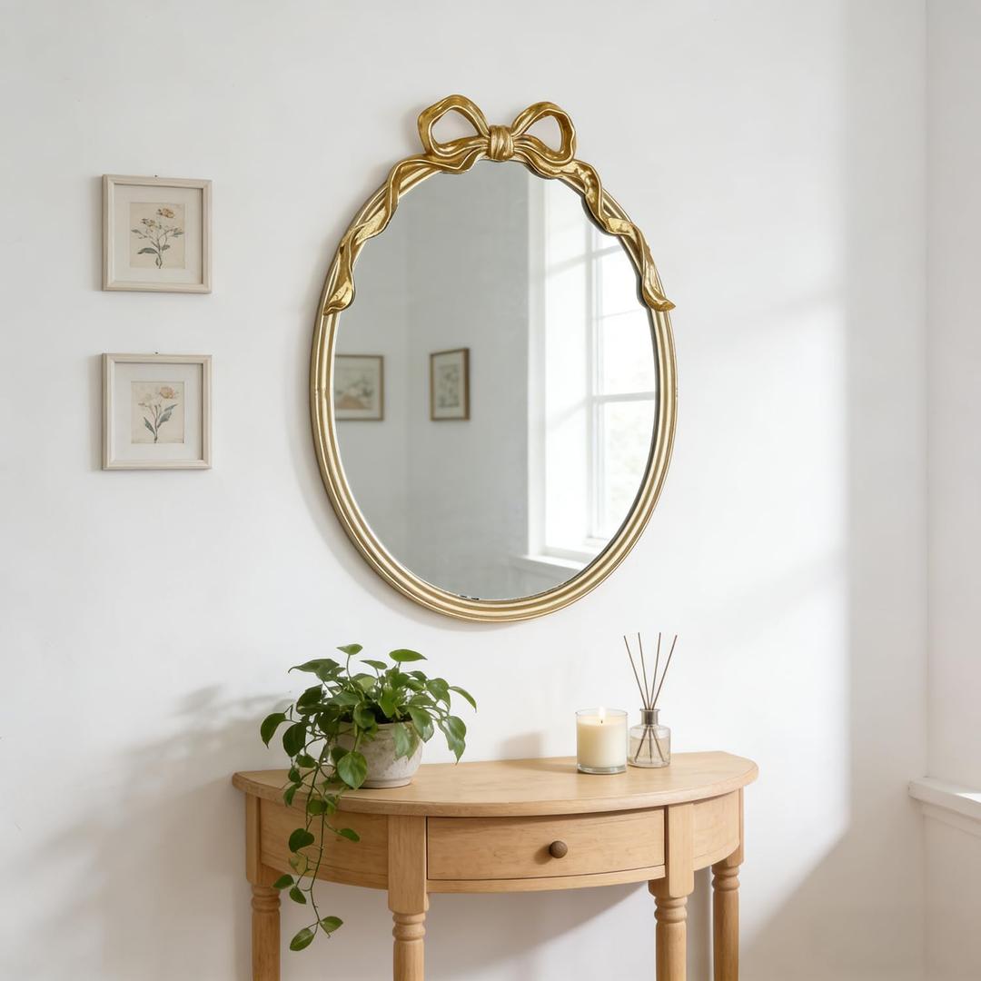 Oval Wall Mirror with Gold Finish, Iron Frame with Decorative Bow Design, Elegant Vintage Style
