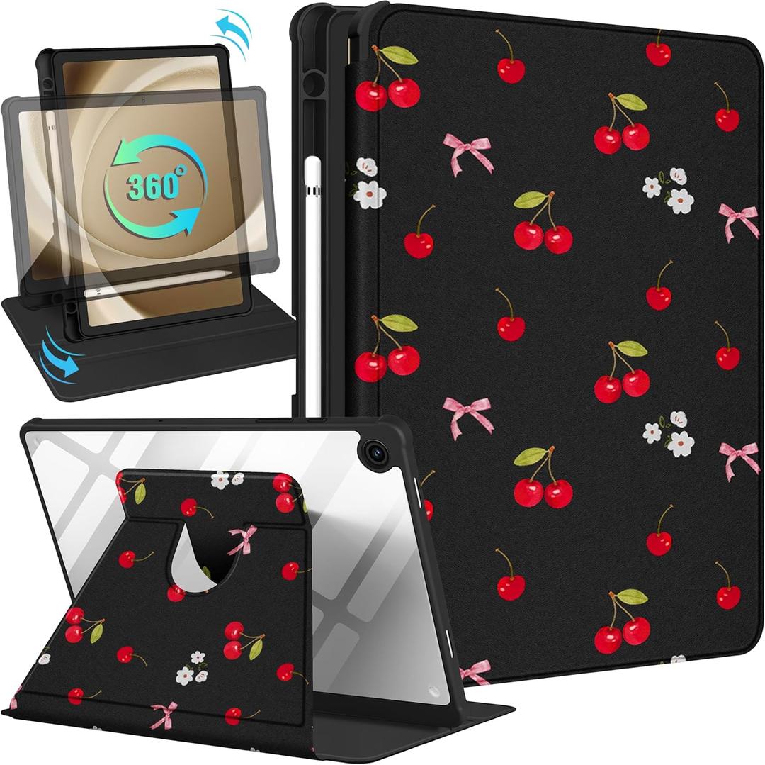 for Samsung Galaxy Tab A9+ Case - 360 Degree Rotating Stand Folio Smart Cover with Pencil Holder for Women Girls, Cherry and Bow for Samsung A9 Plus Tablet Case 11 inch, SM-X210/X216/X218