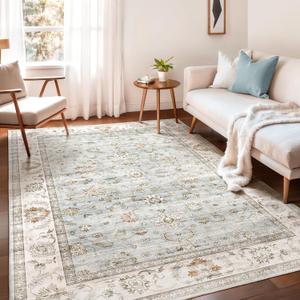 WITSHOCK 5x7 Washable Area Rug, Vintage Rug Traditional Floor Cover, Rugs for Living Room Bedroom Kitchen Accent, Non-Slip Stain Low Pile Resistant Floor Carpet, Light Blue