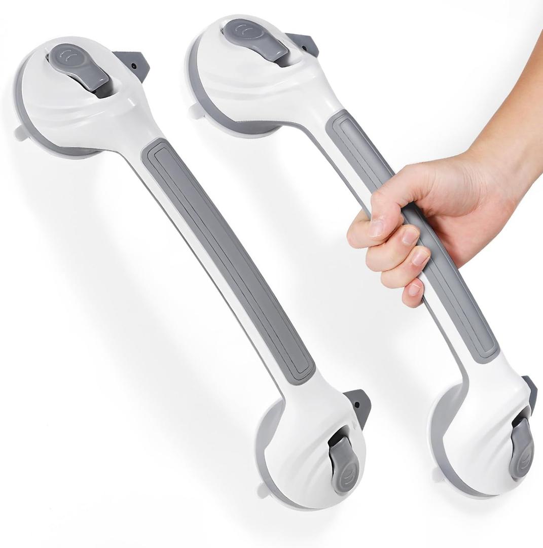 Grab Bars for Bathtubs and Showers, 16.5 Inch Handicap Shower Handle Safety with Indicators, Suction Cup Grab Bar for Shower Chair Stool, Seniors, Elderly (2 Pack) (Light Gray)