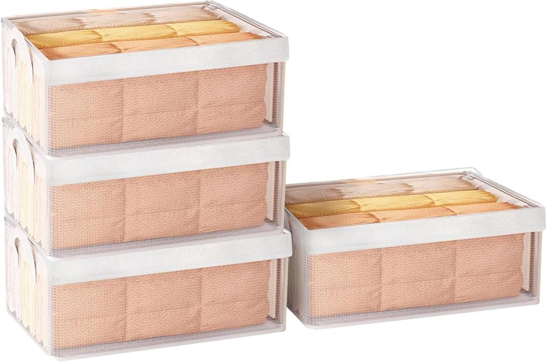 OZPYKAE 4Pcs/Pack PVC Clothing Storage Bins with Metal Frame,Foldable Storage Bin With Lid for Clothes Organizers for Tops, Pants Accessories Space Saving with Clear Window Zippers