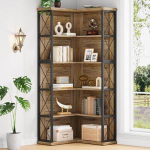 5-Tier L Shaped Bookshelf, Vintage Industrial Corner Bookcase, Large Tall Storage Shelves Display Rack with Metal Frame for Living Room, Home Office, Bedroom, Light Brown
