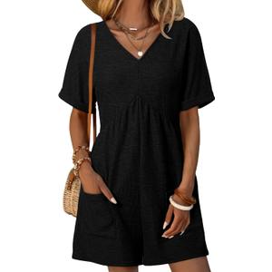 AlvaQ Womens Summer Short Sleeve V Neck High Waist Zipper Romper with Pockets (X-Large, Black)