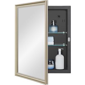 IDYLLOR Black Medicine Cabinet with 14x18 Inch Gold Frame Mirrored Door, Wall Mounted Storage, Recessed or Surface Mount, 2 Adjustable Glass Shelves, Vanity Organizer for Bathroom, Bedroom, Hallway