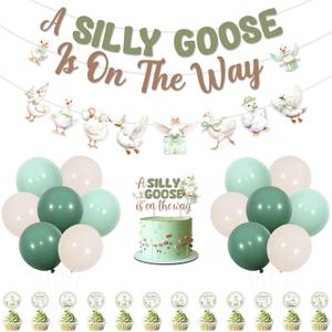 Jollyboom Silly Goose Baby Shower Decorations, Sage Green A Silly Goose Is On the Way Banner Garland Cake Cupcake Toppers Balloons for Farm Animal Welcome Baby Shower Party Decorations