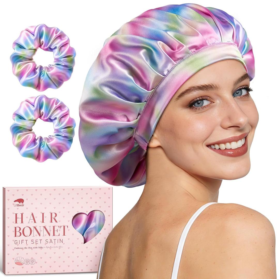 LitBear Silk Satin Bonnet for Sleeping Women, Adjustable Double Layer Hair Bonnet with Scrunchies for Curly Natural Hair, Non Slip Softer Night Sleep Cap Aura
