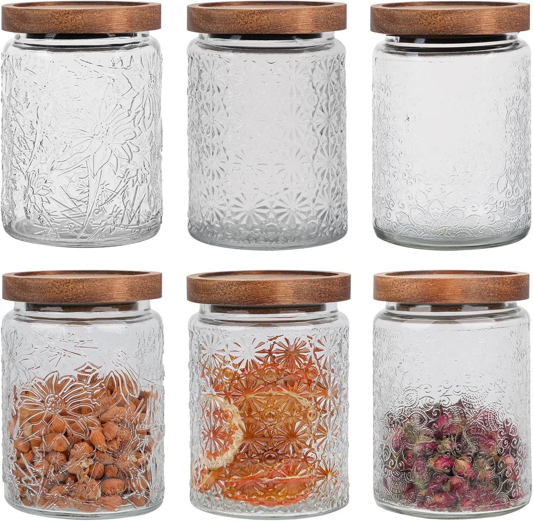 6 Pack 24oz Vintage Glass Jar with Wooden Lid  BPA-Free, Airtight Food Storage Canister for Kitchen Counter, Pantry, Coffee, Sugar, Spices & Dry Foods