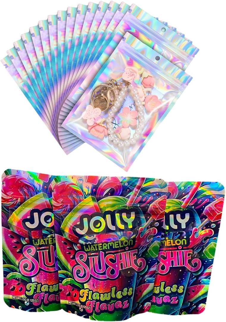 100 Pack 3.5g Mylar Storage Bags, Holographic Rainbow Color, Resealable Stand-up 3.5 grams Baggies for Candy, Cookies, Snacks Packing, 4x5 Inches (WATERMELON)