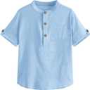 Boys Short Sleeve Henley Shirt Button Up Linen Cotton Dress Shirts Tees Tops with One Pocket (9-10 Years, Sky Blue)