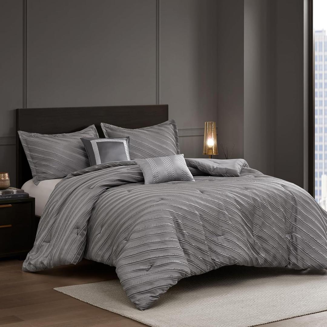 Madison Park King Comforter Set Raised Jacquard Texture Comforters King Size Bed, All Season Down Alternative Bedding King Size Comforter, Decorative Pillows, Matching Shams, Riva, King Grey 5 Piece