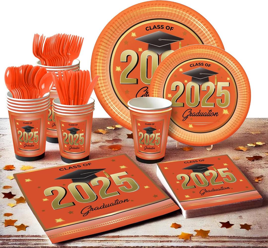 Graduation Decorations 2025 Orange and Black - Complete Disposable Tableware Set for 24 Guests, Includes Paper Plates, Cups, Napkins, Cutlery - Perfect for Graduation class of 2025 Celebrations