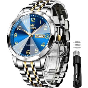 OLEVS Watch for Men Luxury Dress Analog Quartz Stainless Steel Waterproof Luminous Date Diamond Business Two Tone Casual Wrist Watch (Gold-blue)