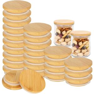MIVIDE 24 Pack Yogurt Jar Lids Set, Natural Bamboo Oui Yogurt Jar Lids with Silicone Sealing Ring, Reusable Wooden Jar Lids for Mugs and Jars