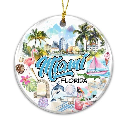 Miami Florida Christmas Ornament 2025 – Colorful City Skyline Souvenir with Palm Trees, Flamingo, Beach & Sailboat | Ceramic Travel Keepsake Gift for Miami Lovers, Florida Holiday Décor