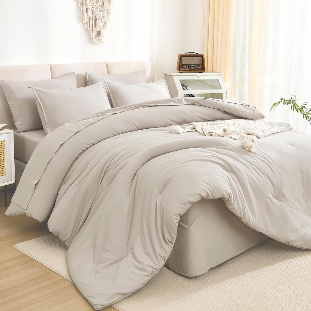 Litanika King Size Comforter Set Linen - 7 Pieces Bed in a Bag King Bedding Comforter Sets, Solid Lightweight Bed Set with Comforter, Sheets, Pillowcases & Shams (King (104"x90"))