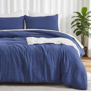 EMME Muslin Cotton Duvet Cover Set Navy Twin Size Linen Like Soft Breathable Lightweight Summer Comforter Cover Set with Zipper Closure (Navy, Twin, 68"x90")