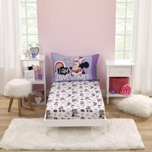 Disney Minnie Mouse I am Awesome Lavender, Pink, and White with BFF Daisy Duck, Rainbow Hearts and Stars 2 Piece Toddler Sheet Set - Fitted Bottom Sheet and Reversible Pillowcase
