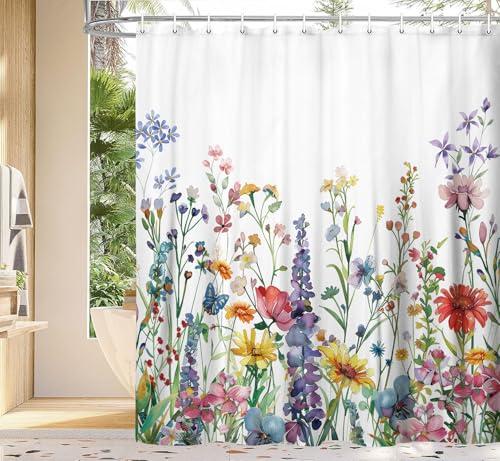Farmhouse Rustic Boho Floral Shower Curtain, Colorful Watercolor Wildflower Flower Botanical Shower Curtain, Minimalist Aesthetic Floral Shower curtains for bathroom, with Hooks, 70X70IN(White )