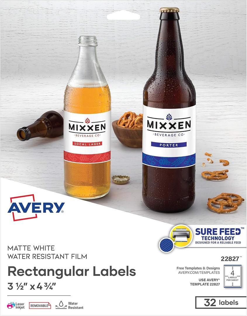 Avery Printable Blank Rectangle Labels, 3.5" x 4.75", White, 32 Customizable Labels (22827)