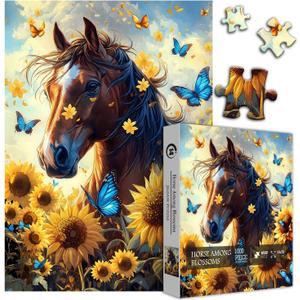 Flower Horse Puzzles for Adults 1000 Piece, Nature Sunflower Butterfly Garden Themed, Animal Floral Challenging Jigsaw Puzzle