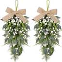 2 Pcs 24" Artificial White Flower Teardrop Wreaths Swag Spring Summer Berries Swags Wreath White Floral Hanging Wreaths for Kitchen Cabinet Doors Window Wall Wedding Party Home Decor