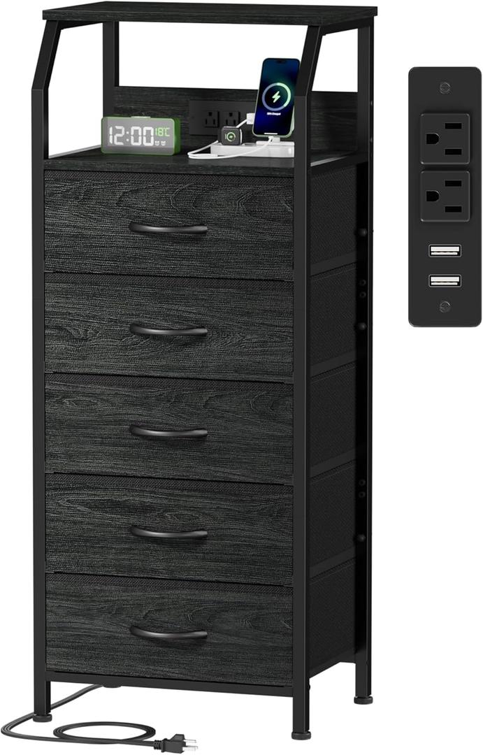 Furnulem 5 Drawers Dresser with Charging Station, Fabric Chest of Drawers with Open Shelf, Tall Night Stand, Bedside Table for Closet, Entryway, Bedroom Furniture, 3 Ways to Use, Black Oak